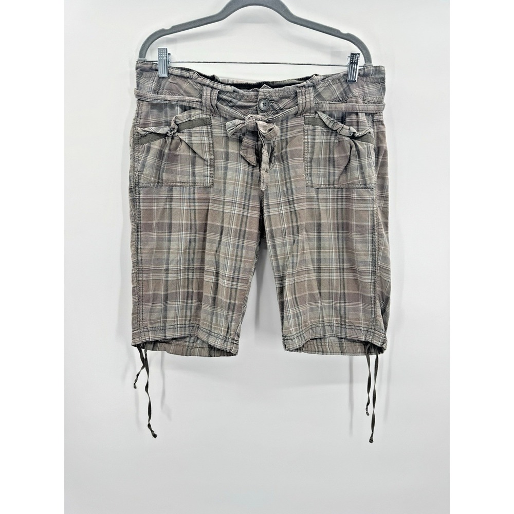 VTG Y2K Cargo Plaid Shorts Mid Rise 13 Jorts 90s Retro Grunge Granola Drawstring